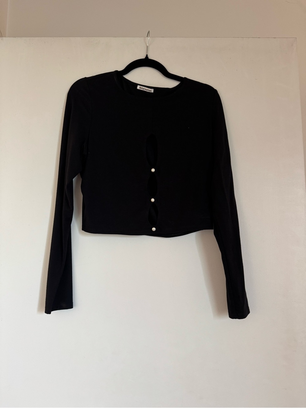 Reformation Black Long-Sleeve Cutout Crop Top with Pearl Buttons